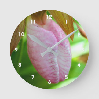 Pale Pink Lady Slipper Orchid Flower Close Up Round Clock