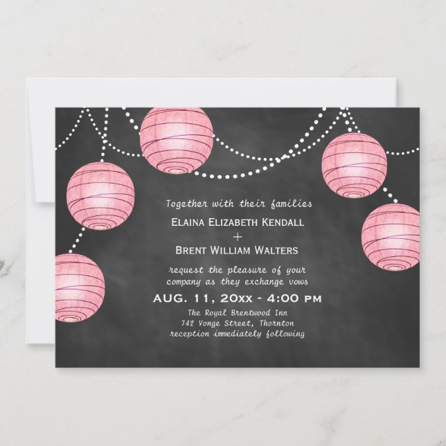 Pale Pink Lanterns on Chalk Wedding Invitation (Front)