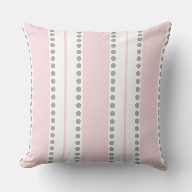 Pale Pink Light Gray White Polka Dots Stripes | Throw Pillow (Front)