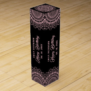 Pale Pink Mandala on Black Damasks Background Wine Box