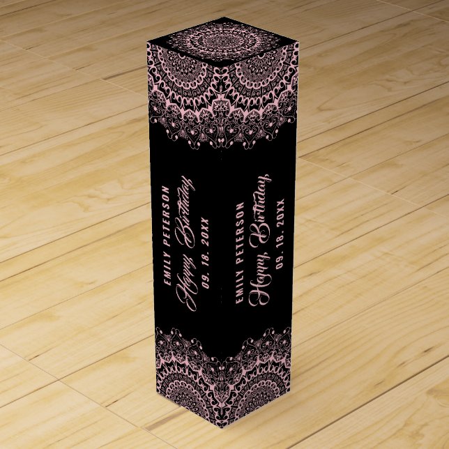 Pale Pink Mandala on Black Damasks Background Wine Box (Back)