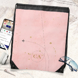 Pale Pink Minimalist Golden Monogram Airplane Drawstring Bag