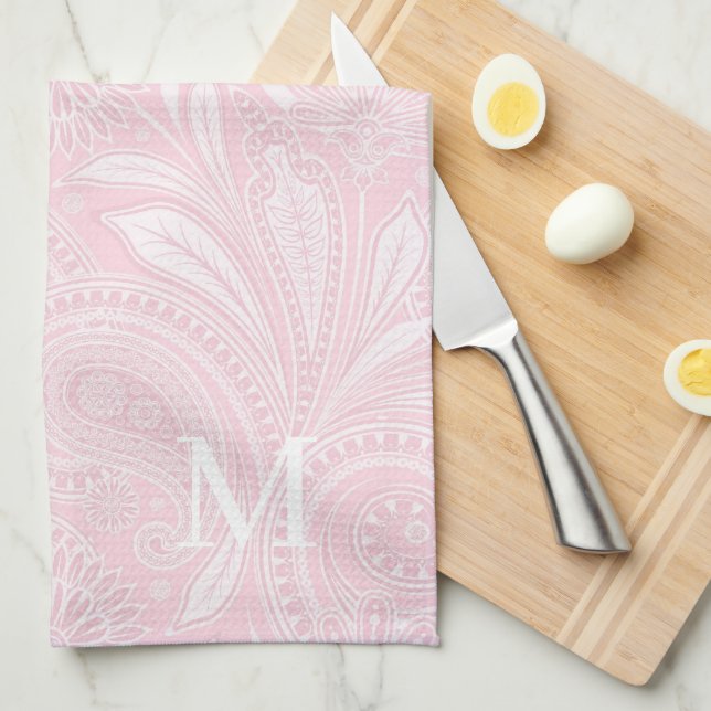 Pale Pink Paisley Monogrammed Kitchen Towel (Quarter Fold)