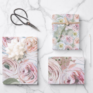 Pale pink peach watercolor roses white blush sage wrapping paper sheets