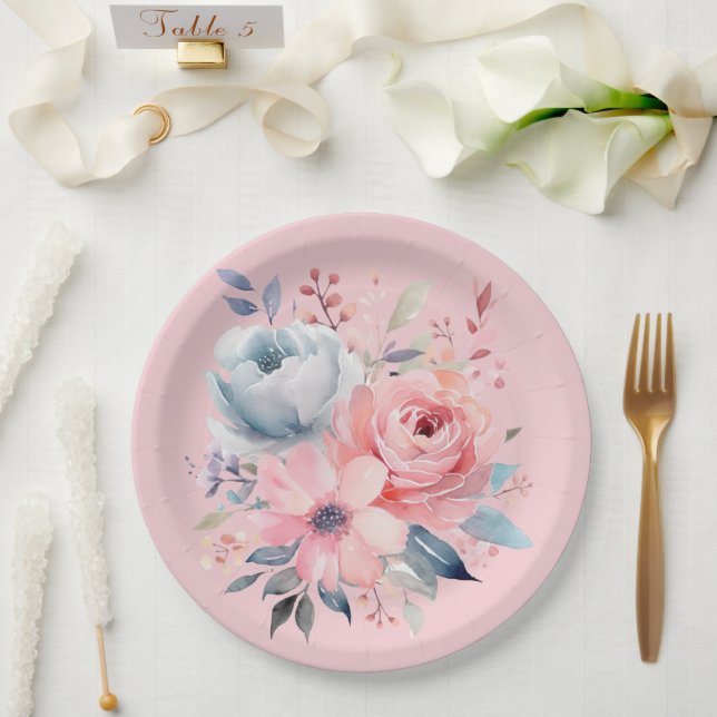 Pale Pink Peonies Floral Bouquet Shower Paper Plates (Wedding)