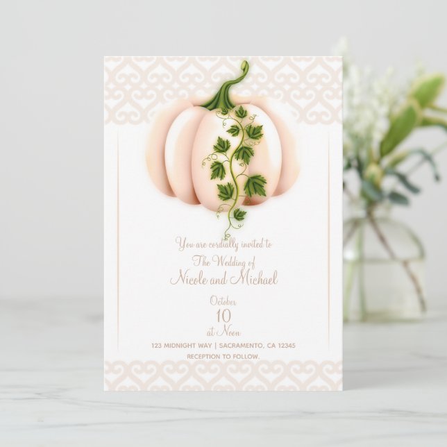 Pale Pink Pumpkin Storybook Fall Wedding  Invitation (Standing Front)