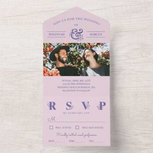Pale Pink Purple Floral Ampersand Photo Wedding All In One Invitation