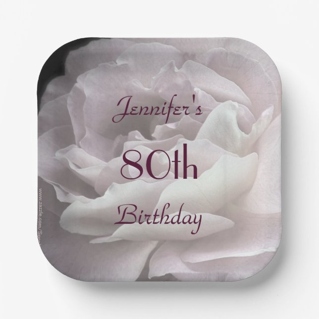 Pale Pink Rose, 80th Birthday Party, Name, Square Paper Plates (Front)