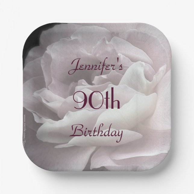 Pale Pink Rose, 90th Birthday Party Square Floral  Paper Plates (Front)