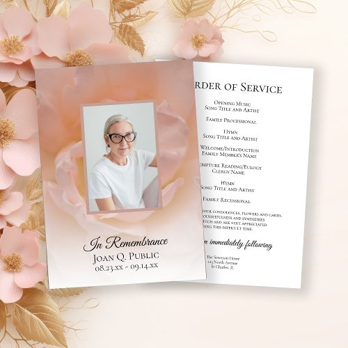 Pale Pink Rose Flower Funeral Memorial Service Program