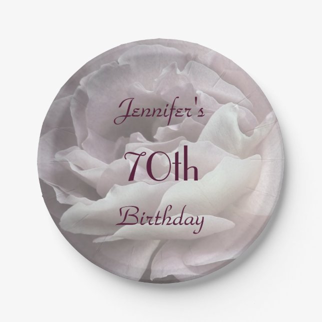 Pale Pink Rose, Name, 70th Birthday Party Paper Plates (Front)