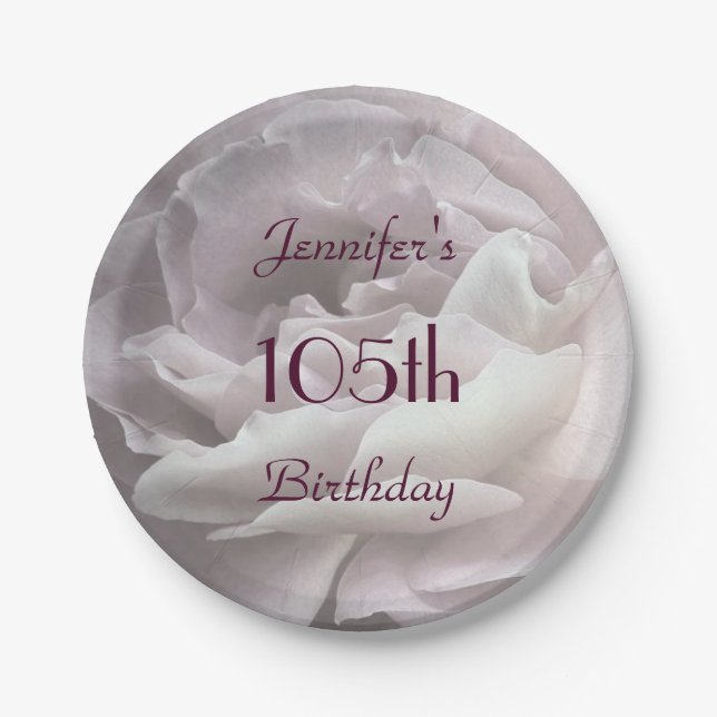 Pale Pink Rose Paper Plates, 105th Birthday Party Plates (Front)