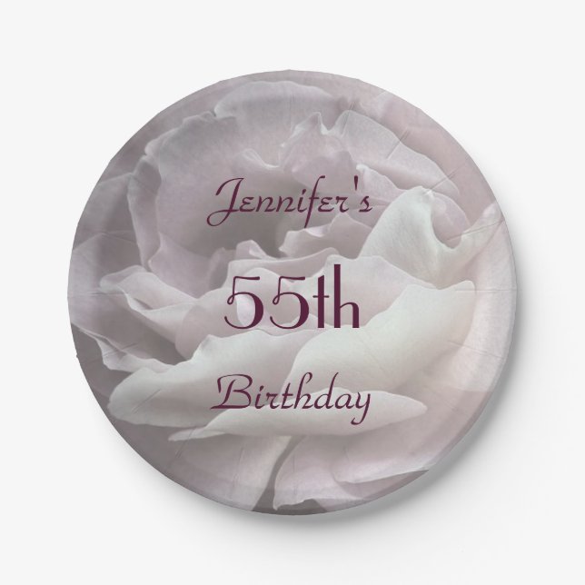 Pale Pink Rose Paper Plates, 55th Birthday Party Plates (Front)