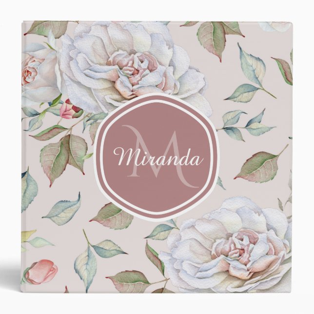 Pale Pink Rose Pattern With Monogram and Name 3 Ring Binder (Front)