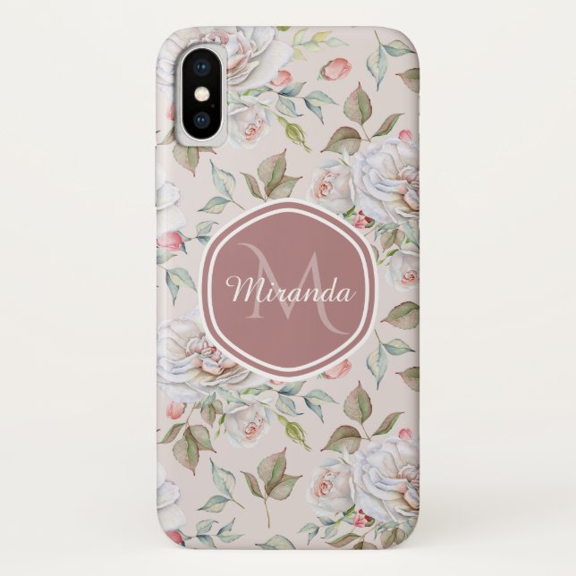 Pale Pink Rose Pattern With Monogram and Name Case-Mate iPhone Case (Back)