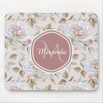 Pale Pink Rose Pattern With Monogram And Name Mouse Pad by ohsogirly at Zazzle