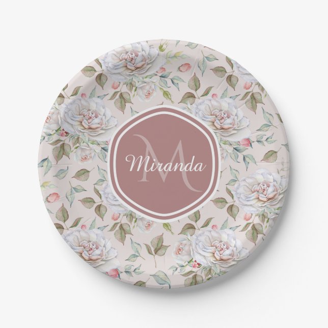 Pale Pink Rose Pattern With Monogram and Name Paper Plates (Front)