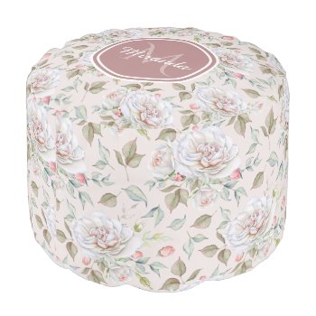 Pale Pink Rose Pattern With Monogram And Name Pouf by ohsogirly at Zazzle