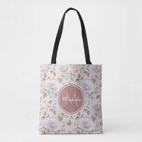 Pale Pink Rose Pattern With Monogram and Name Tote Bag