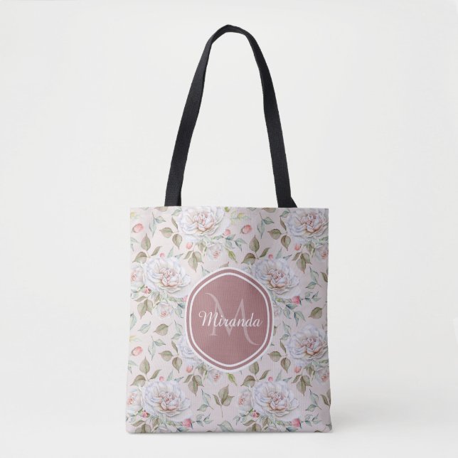 Pale Pink Rose Pattern With Monogram and Name Tote Bag (Front)