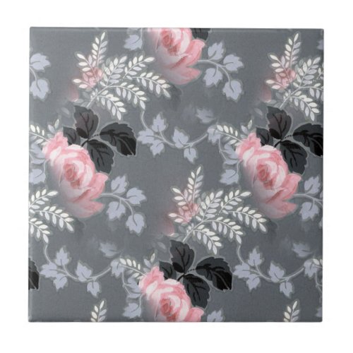 Pale Pink Roses And Gray Leafs Ceramic Tile