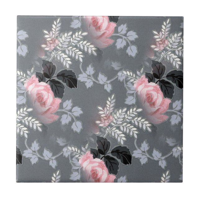 Pale Pink Roses And Gray Leafs Ceramic Tile (Front)