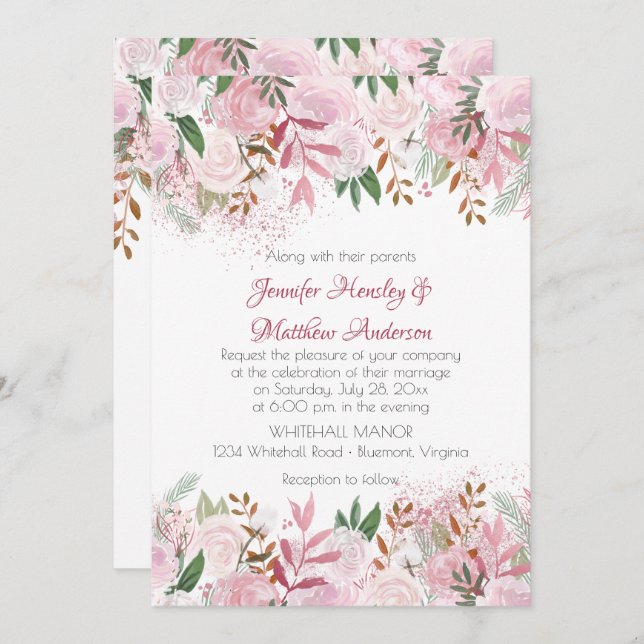 Pale Pink Roses and Greenery Spring Wedding Invitation (Front/Back)