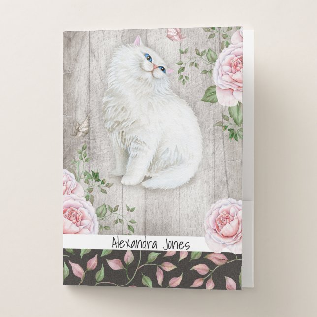 Pale Pink Roses Cute Cat Black Floral Rose Pattern Pocket Folder (Front)