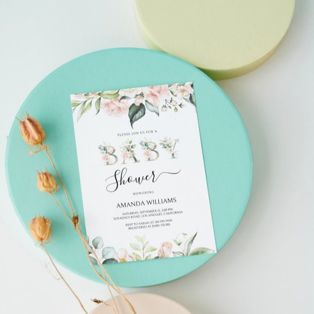 Pale Pink Roses Floral Letters Baby Shower Invite (Creator Uploaded)