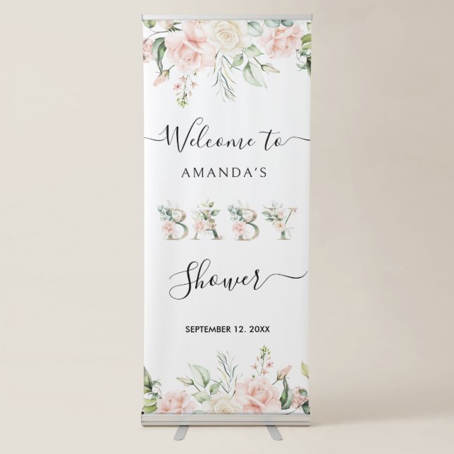 Pale Pink Roses Frame Floral Letters Retractable Banner (Front)