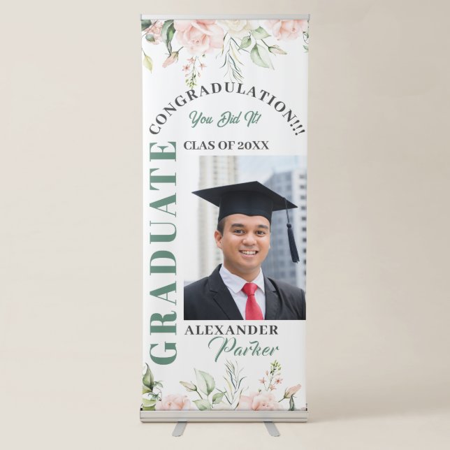 Pale Pink Roses Frame Graduation Retractable Banner (Front)