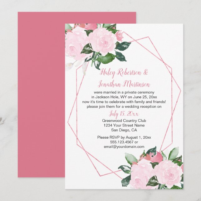 Pale Pink Roses Geometric Reception Only | Invitation (Front/Back)