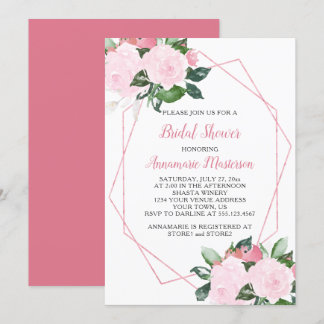 Pale Pink Roses Greenery Geometric Bridal Shower Invitation