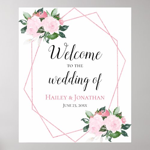 Pale Pink Roses Greenery Geometric Wedding Sign