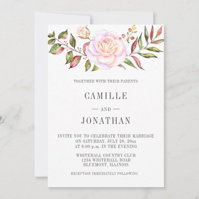 Pale Pink Roses Greenery Watercolor Floral Wedding Invitation (Front)