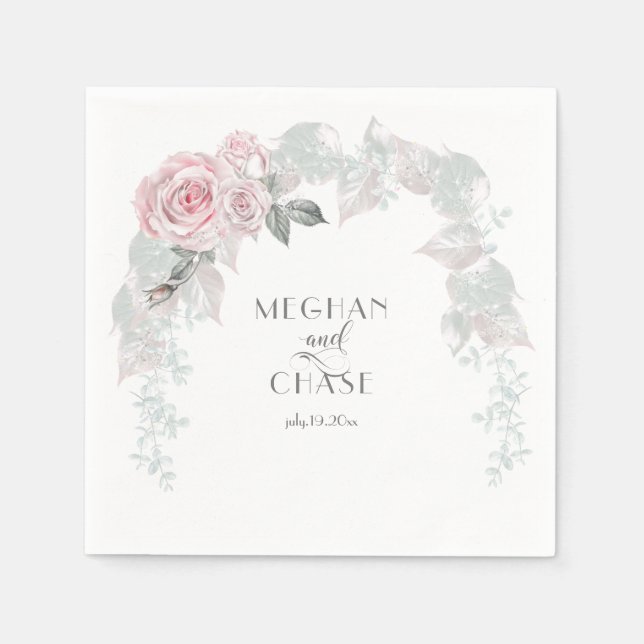 Pale Pink Roses Iridescent Foliage Wedding Napkins (Front)
