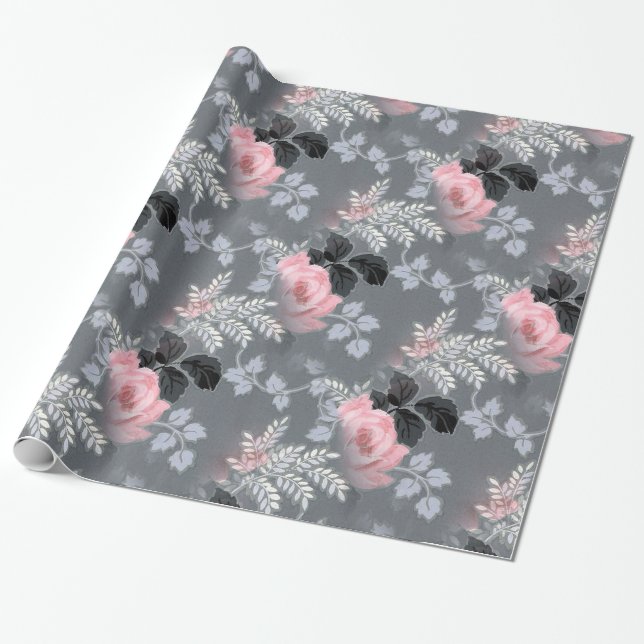 Pale Pink Roses Over Gray Background Wrapping Paper (Unrolled)