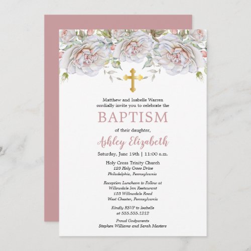 Pale Pink Roses Watercolor Floral Baptism Invitation