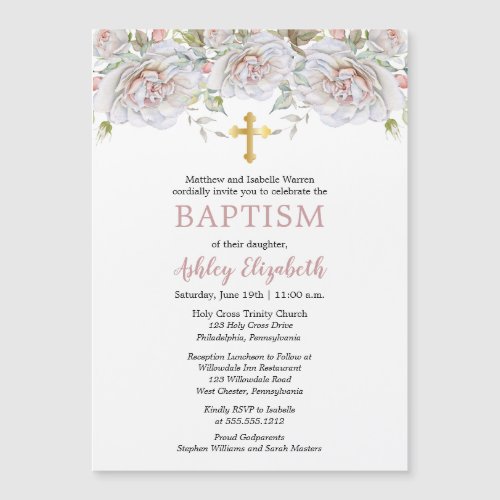 Pale Pink Roses Watercolor Floral Baptism  Magnetic Invitation