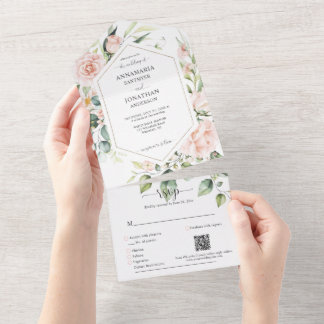 Pale Pink Roses Wedding  All In One Invitation