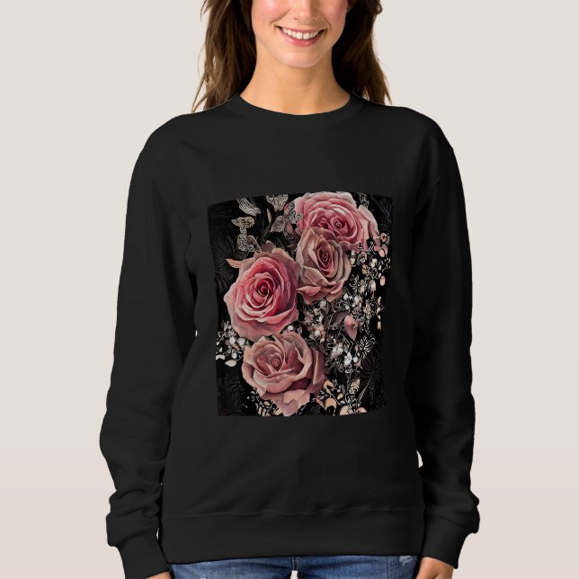 Pale Pink Roses with Delicate Vines Rustic Floral Sweatshirt (Front)