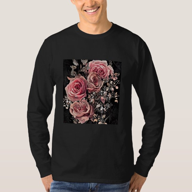 Pale Pink Roses with Delicate Vines Rustic Floral T-Shirt (Front)