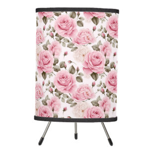 PALE PINK ROSES WITH GREEN LEAVES TRIPOD LAMP