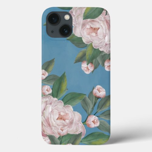 Pale Pink Roses with Navy Blue Background iPhone 13 Case