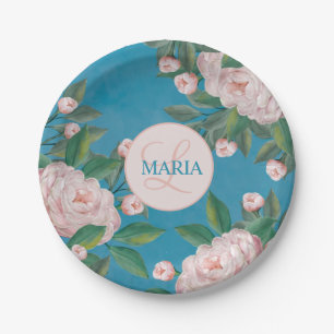 Pale Pink Roses with Navy Blue Background     Pape Paper Plates