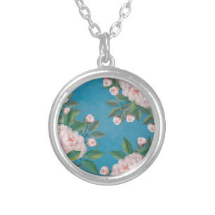 Pale Pink Roses with Navy Blue Background     Silver Plated Necklace