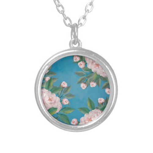 Pale Pink Roses with Navy Blue Background     Silver Plated Necklace