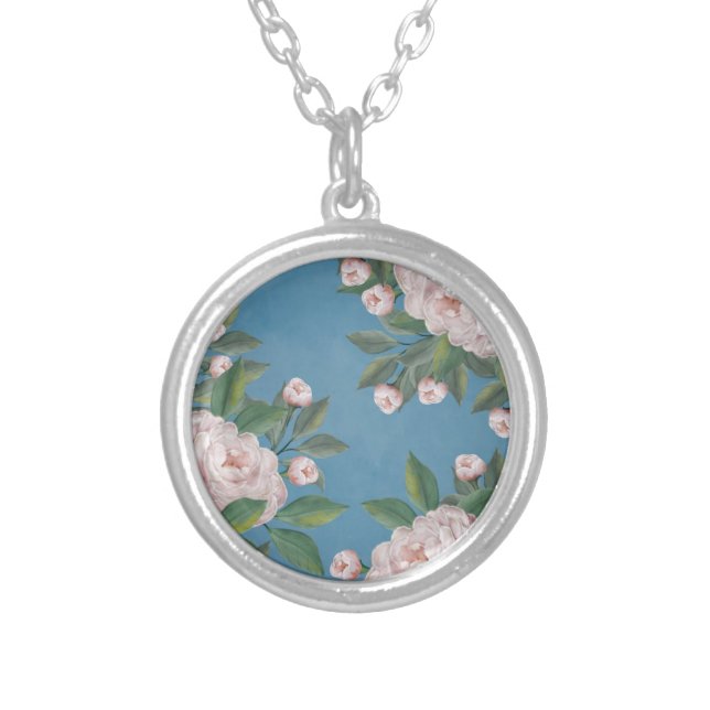 Pale Pink Roses with Navy Blue Background     Silver Plated Necklace (Front)