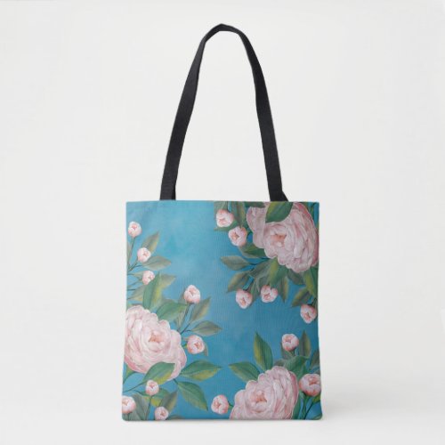 Pale Pink Roses with Navy Blue Background Tote Bag