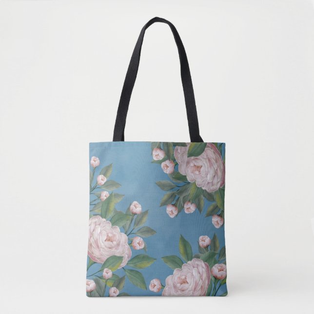 Pale Pink Roses with Navy Blue Background Tote Bag (Front)